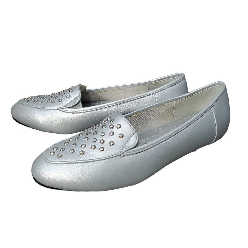 💎305 Angel Steps Studded Silver Metallic Slip On Loafer Shoe